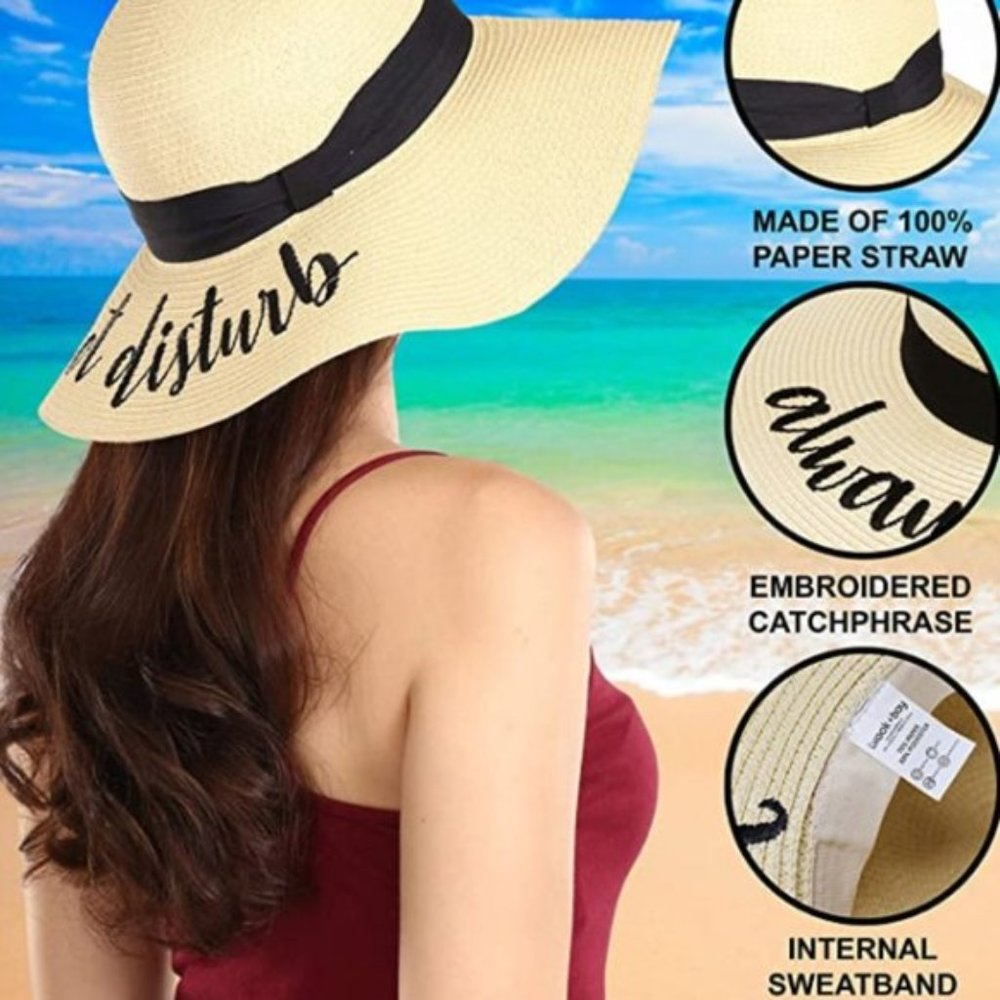 Floppy Do Not Disturb Beach Embroidered Straw Hat - Picture 2 of 5